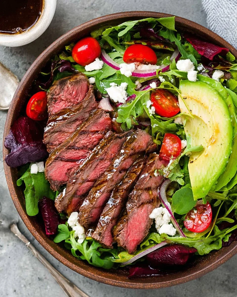 Colorful steak salad with fresh greens and protein-rich steak slices