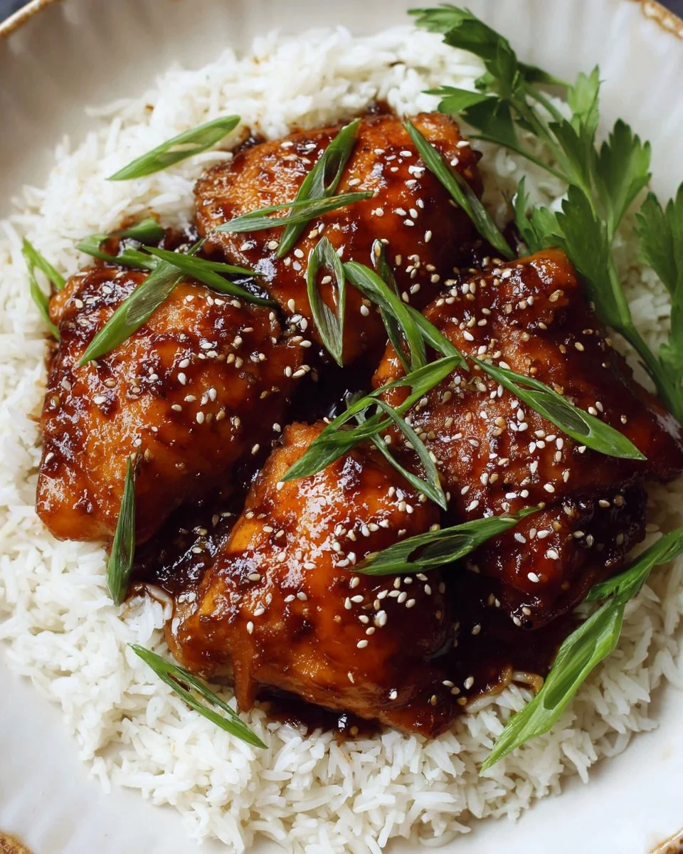 Delicious sticky Asian glazed chicken thighs served on a plate