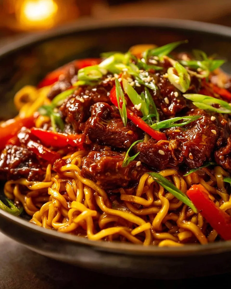 Delicious Sticky Beef Noodles served in a bowl, garnished with vegetables.