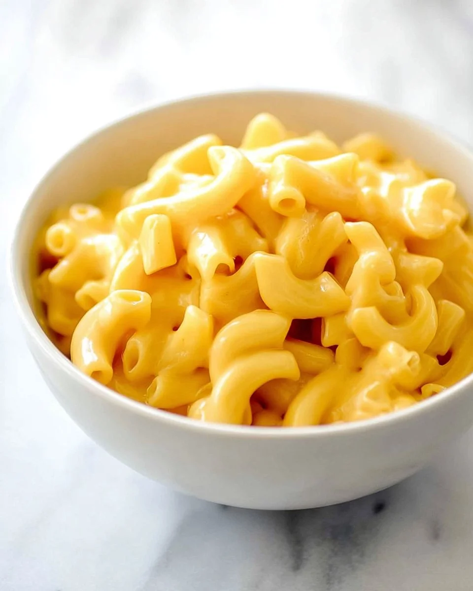 Creamy stovetop mac and cheese with melted cheese in a pot