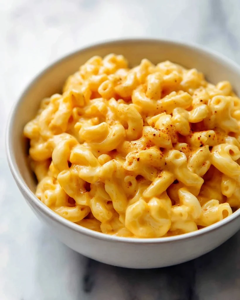 Delicious stovetop mac and cheese served in a bowl with cheese melting on top