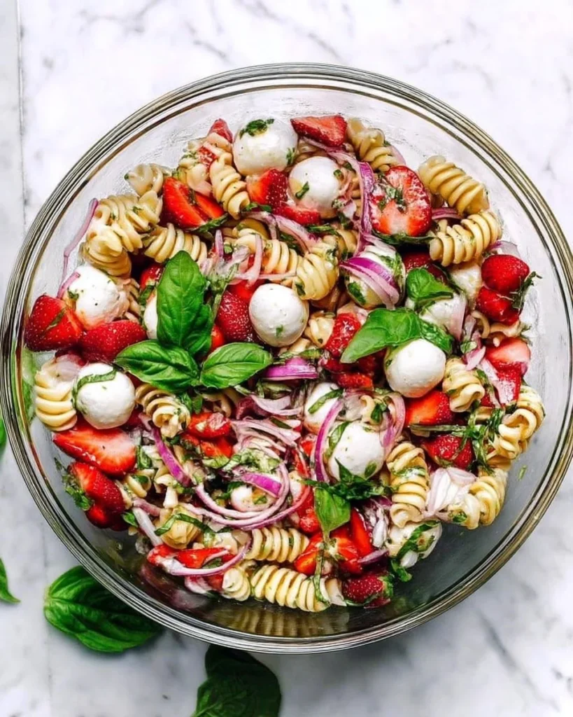 Strawberry Balsamic Pasta Salad garnished with fresh strawberries and basil