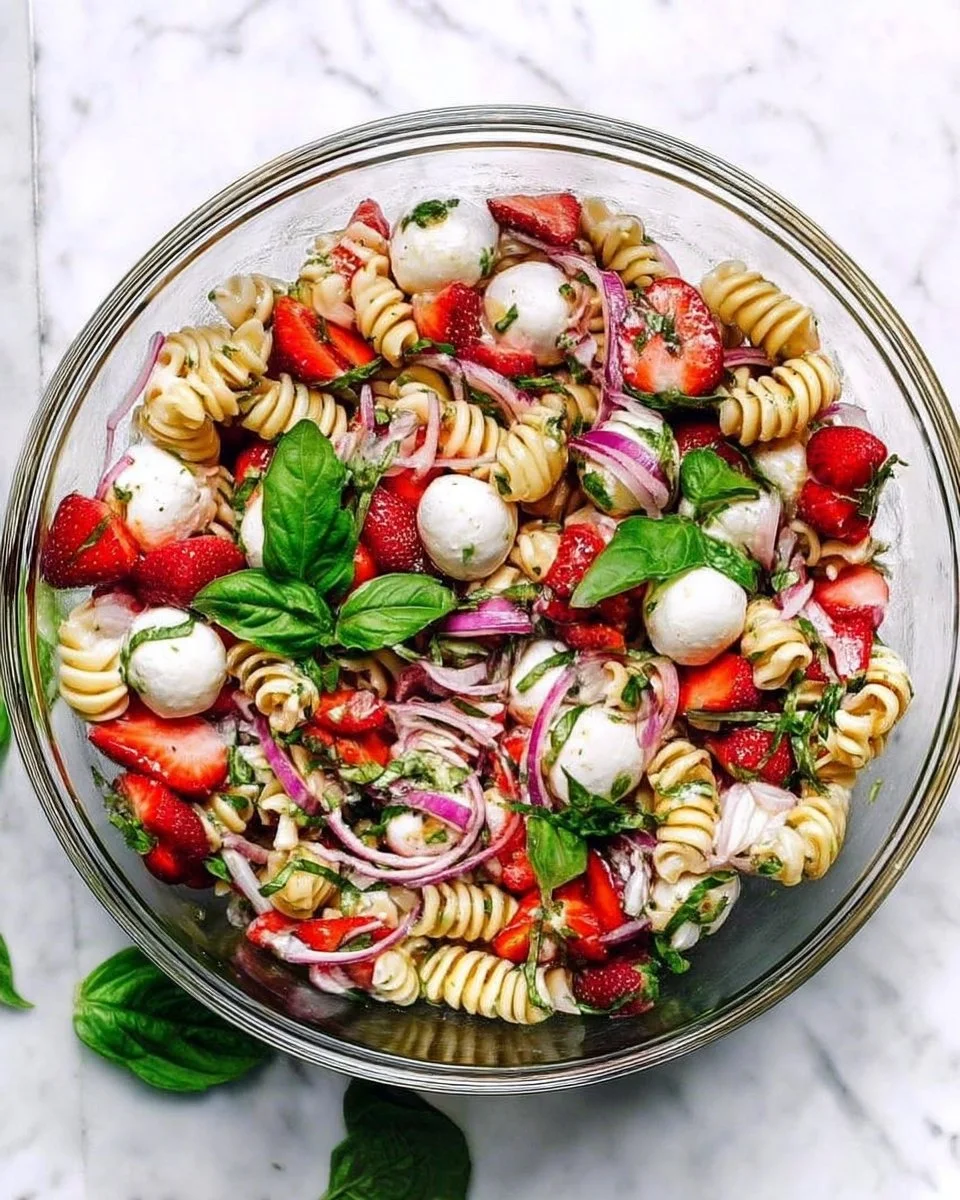 Strawberry Balsamic Pasta Salad garnished with fresh strawberries and basil