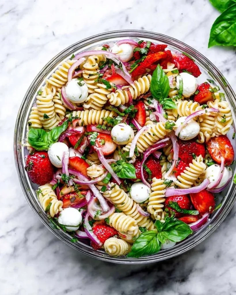 Colorful Strawberry Balsamic Pasta Salad with fresh ingredients
