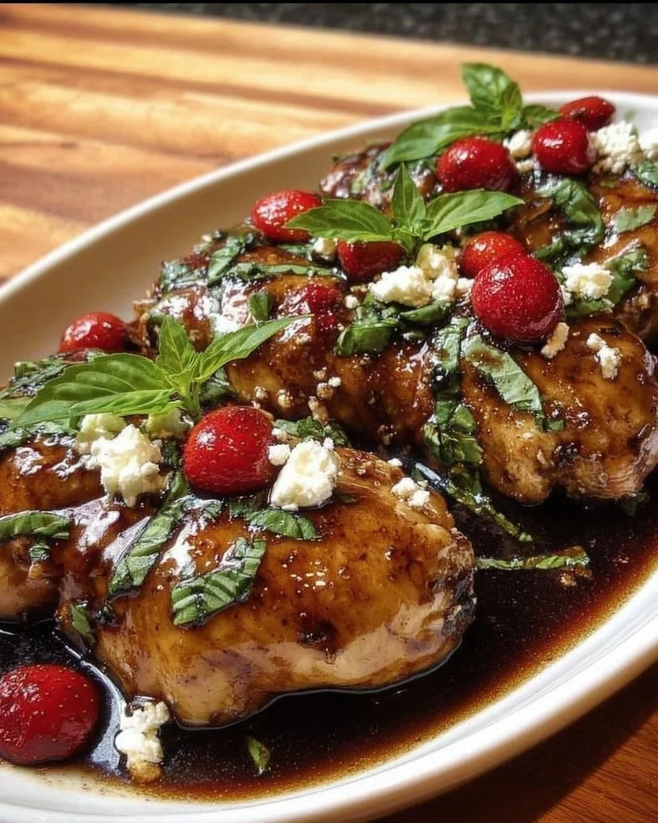 Delicious Strawberry Basil Chicken garnished with fresh basil and strawberries