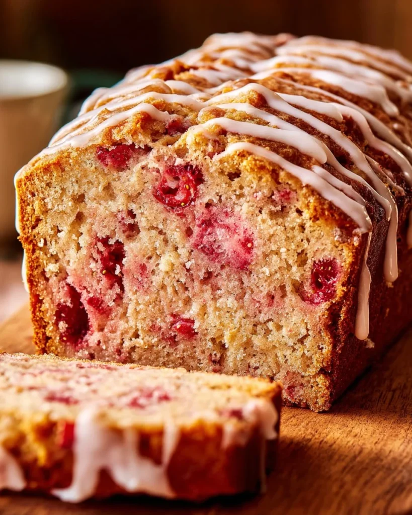 Loaf of homemade strawberry bread with fresh strawberries on the side