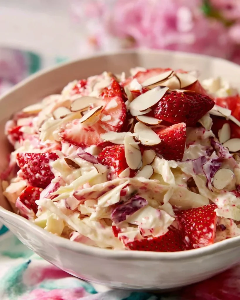 Bowl of strawberry lemon coleslaw with fresh strawberries and lemon slices