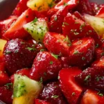 Delicious strawberry lemonade fruit salad with fresh strawberries and lemon slices