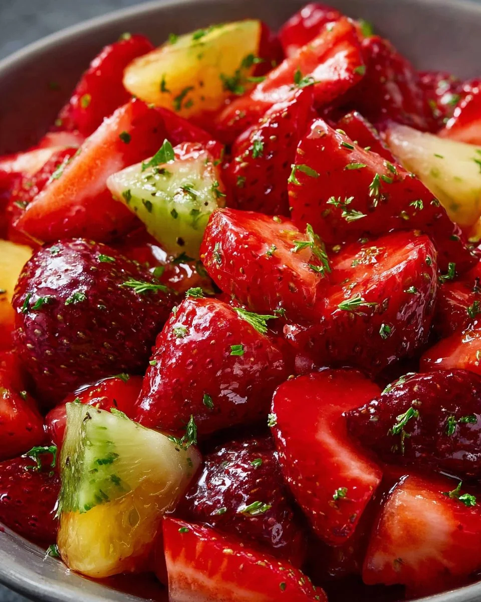 Delicious strawberry lemonade fruit salad with fresh strawberries and lemon slices