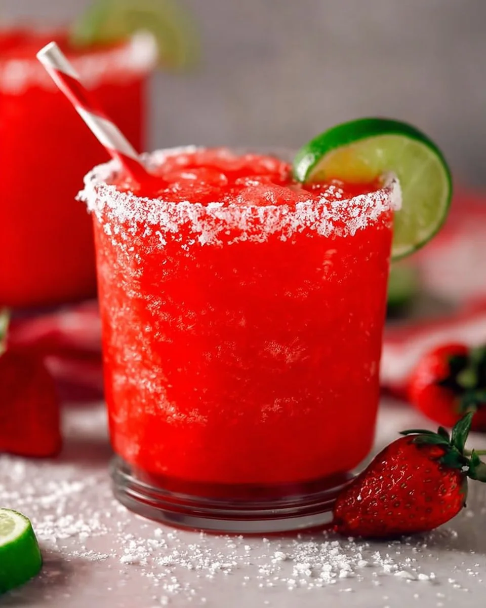 A refreshing Strawberry Margarita served in a salt-rimmed glass with fresh strawberries.