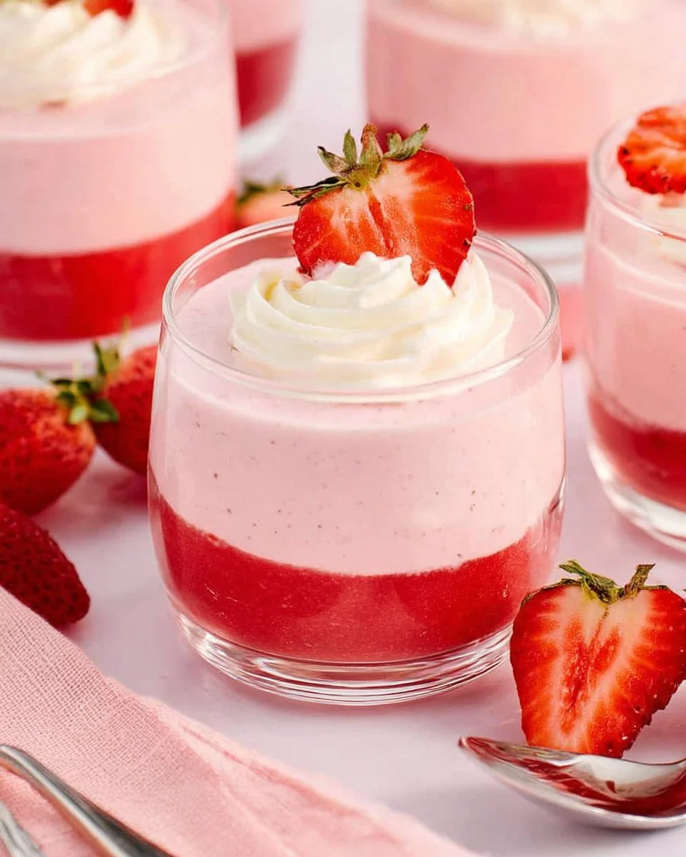 Delicious strawberry mousse dessert garnished with fresh strawberries