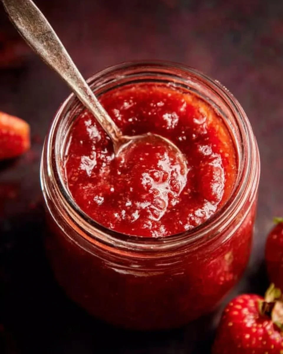 Homemade strawberry rhubarb sauce in a jar with fresh strawberries and rhubarb stalks