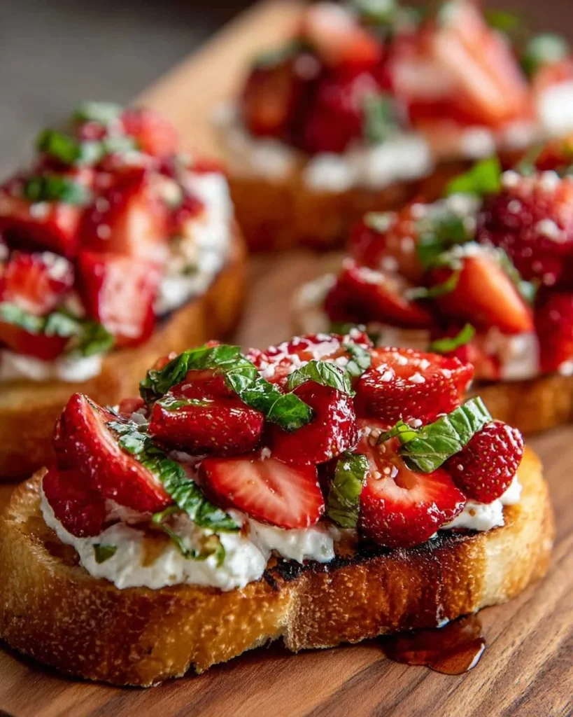 Delicious Strawberry Ricotta Bruschetta topped with fresh strawberries and mint