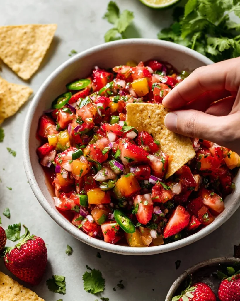 Fresh Strawberry Salsa in a bowl, ready to be served as a dip or topping.