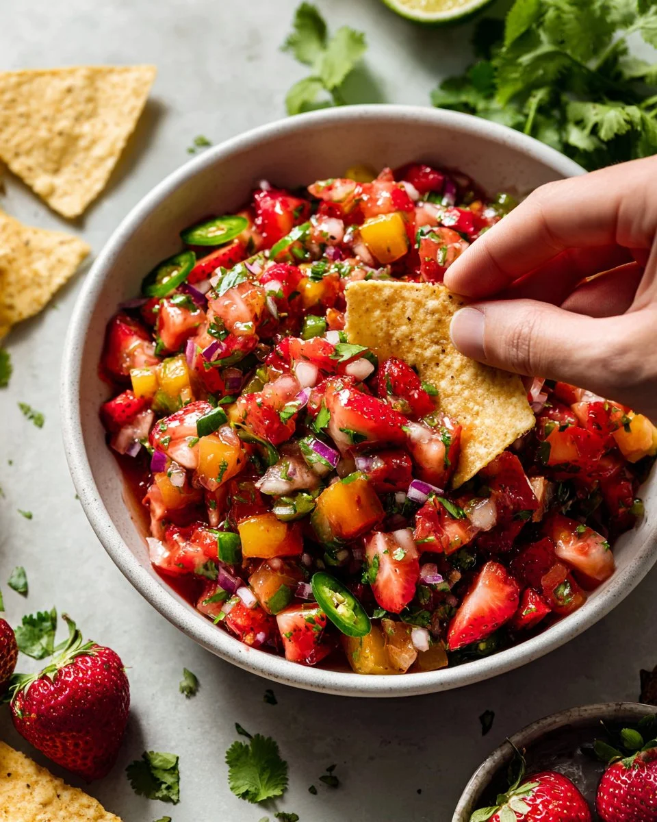 Fresh Strawberry Salsa in a bowl, ready to be served as a dip or topping.