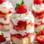 Delicious strawberry shortcake layered in a jar with fresh strawberries and whipped cream