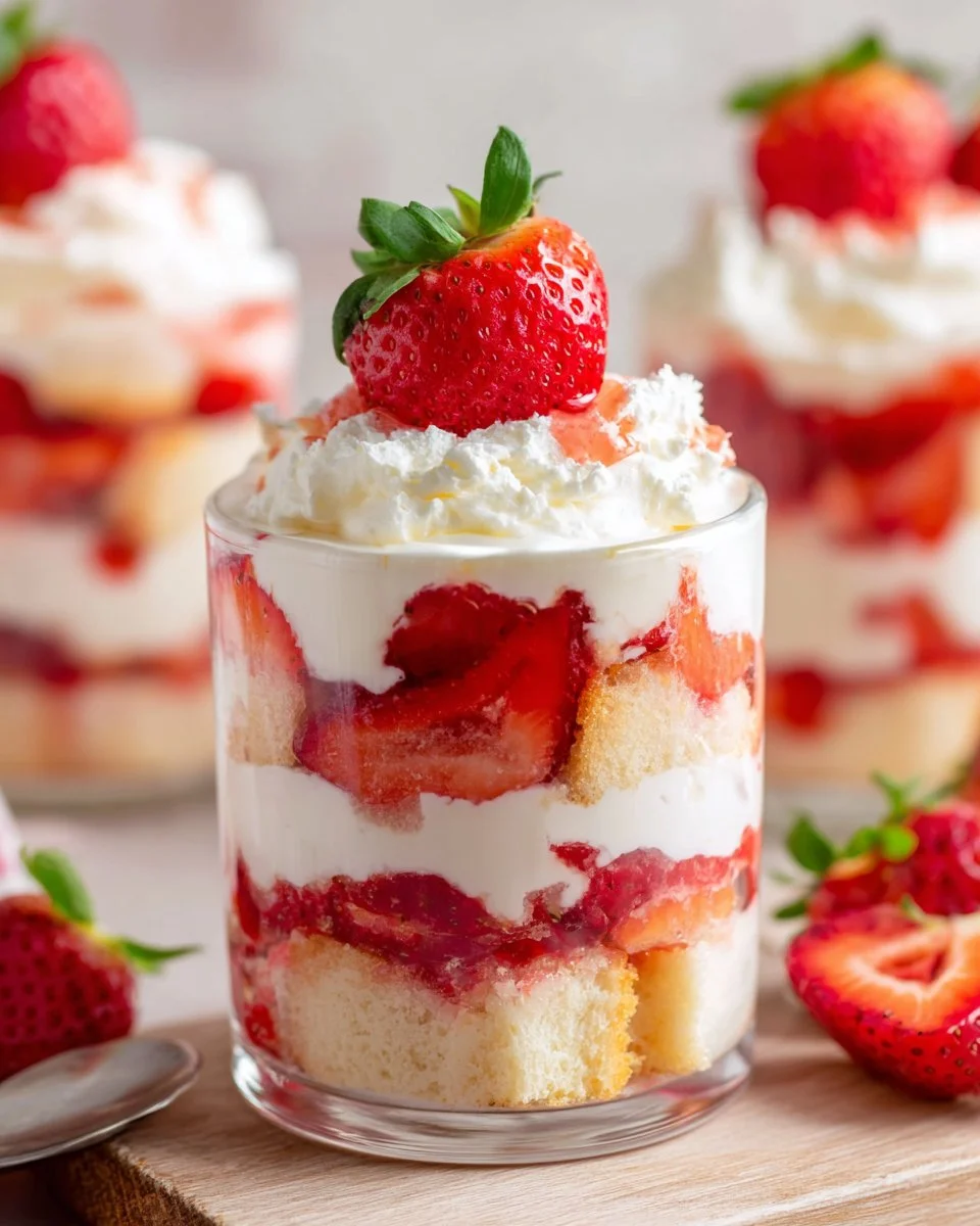 Delicious strawberry shortcake layered in a jar with fresh strawberries and whipped cream