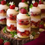Strawberry shortcake trifles with layers of strawberries, whipped cream, and cake in clear glasses.