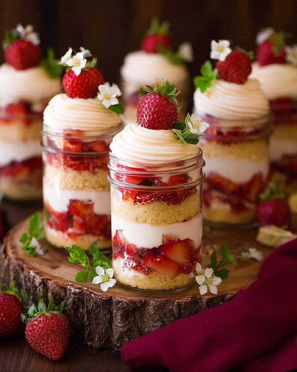 Strawberry shortcake trifles with layers of strawberries, whipped cream, and cake in clear glasses.