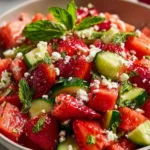 Strawberry Watermelon Salad with honey lime vinaigrette in a bowl