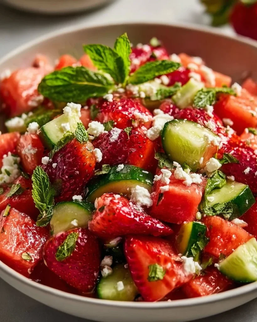 Strawberry Watermelon Salad with honey lime vinaigrette in a bowl
