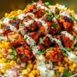 Creamy Street Corn Chicken Bowl high in protein, garnished with fresh herbs.