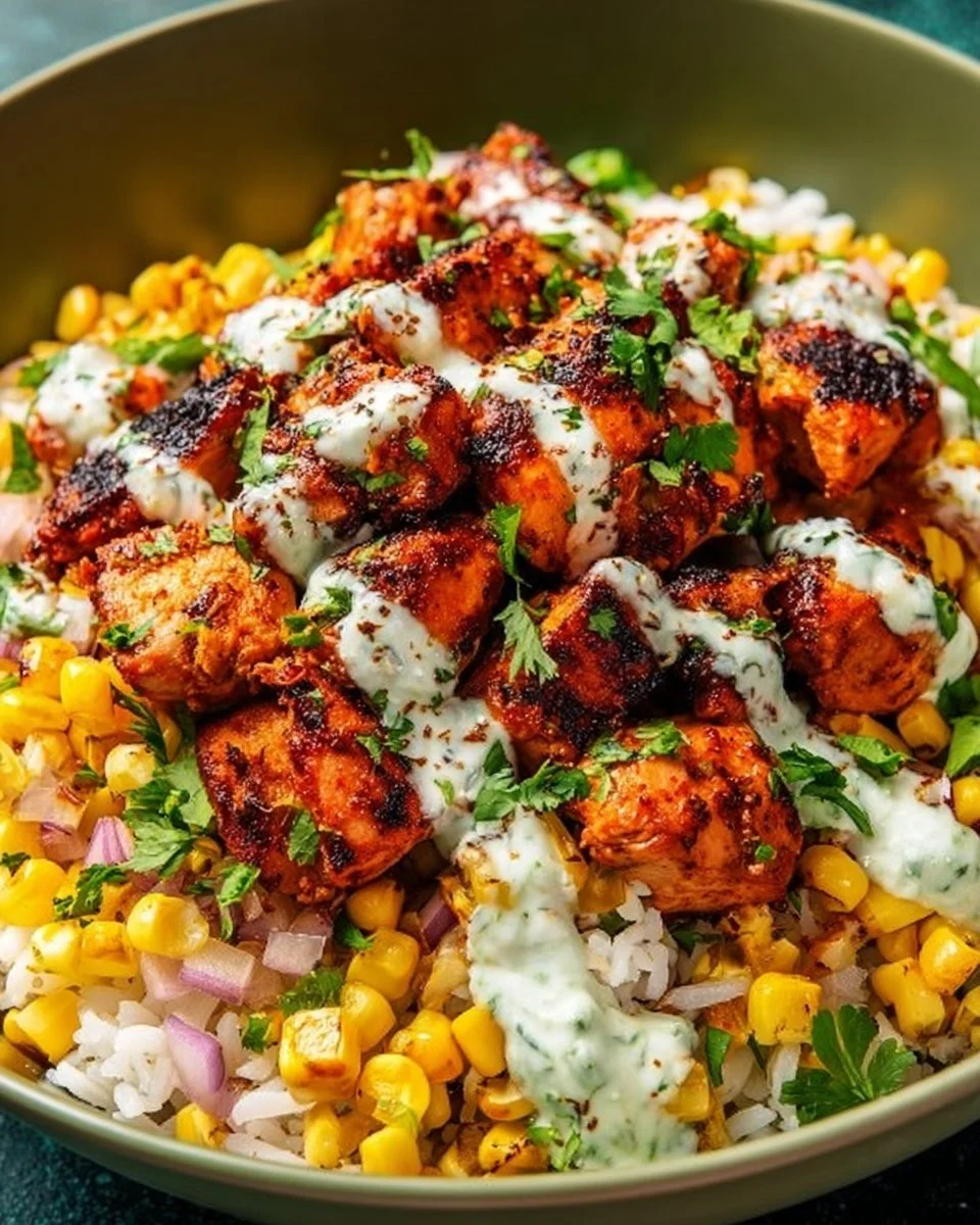 Creamy Street Corn Chicken Bowl high in protein, garnished with fresh herbs.