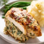Delicious stuffed chicken breast filled with herbs and cheese on a plate.