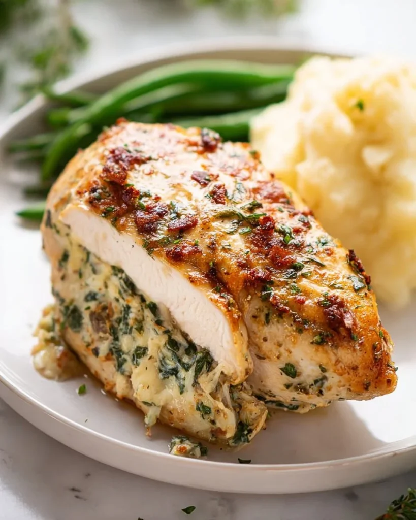 Delicious stuffed chicken breast filled with herbs and cheese on a plate.