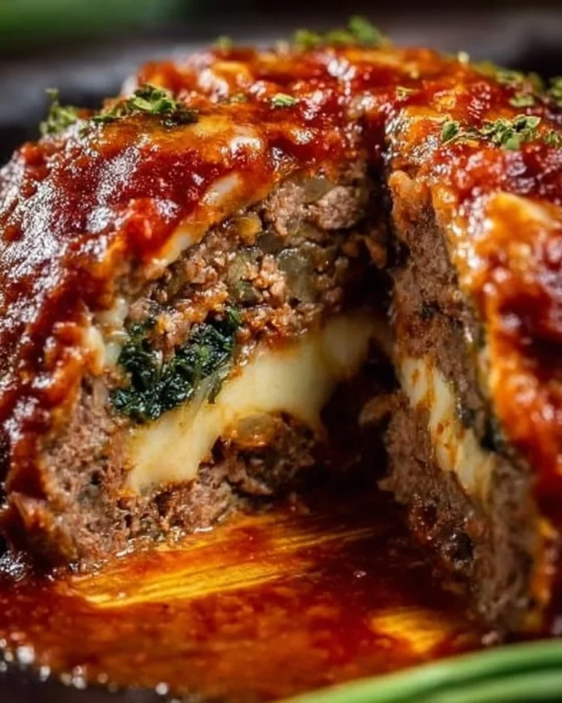 Succulent stuffed Italian meatloaf prepared with herbs and cheese