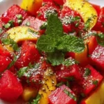 Delicious summer Peach Watermelon Salad with fresh fruits and mint