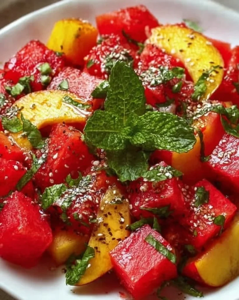 Delicious summer Peach Watermelon Salad with fresh fruits and mint
