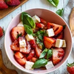 Summertime strawberry caprese salad with strawberries, mozzarella, and basil