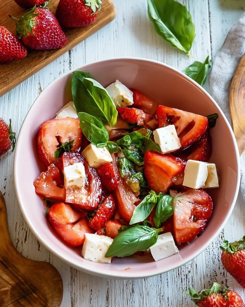 Summertime strawberry caprese salad with strawberries, mozzarella, and basil