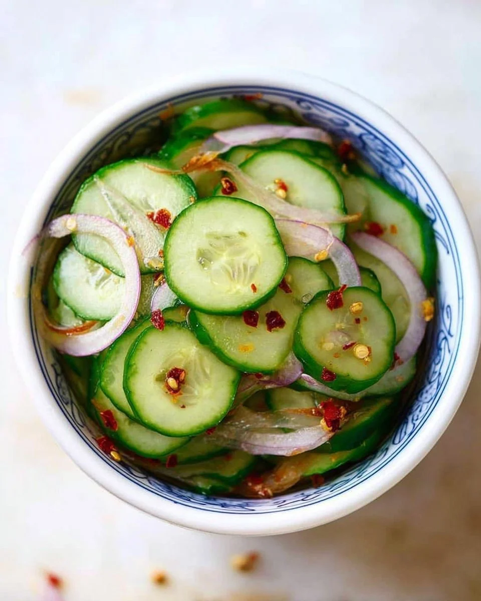 Sweet and sour Asian pickled cucumbers in a bowl