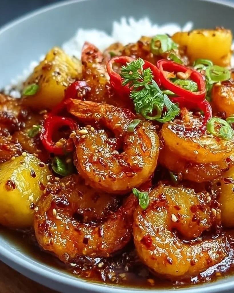 Plate of Sweet Chili Pineapple Shrimp garnished with herbs