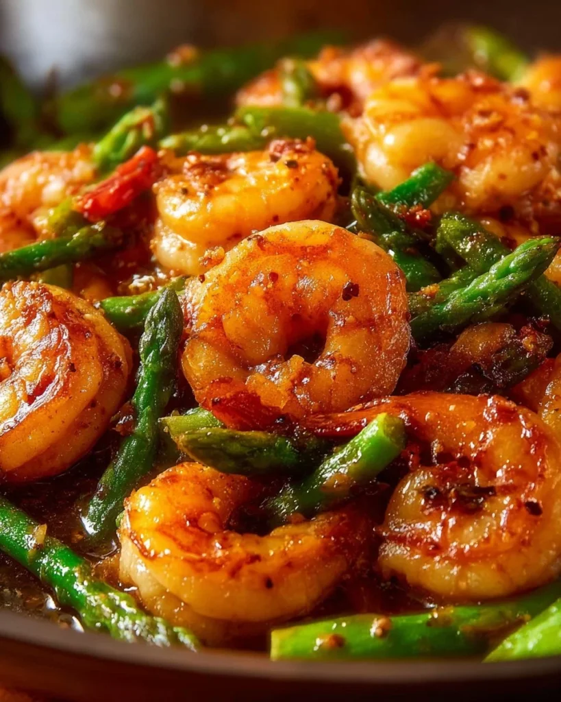 Plate of sweet chili shrimp served with fresh asparagus