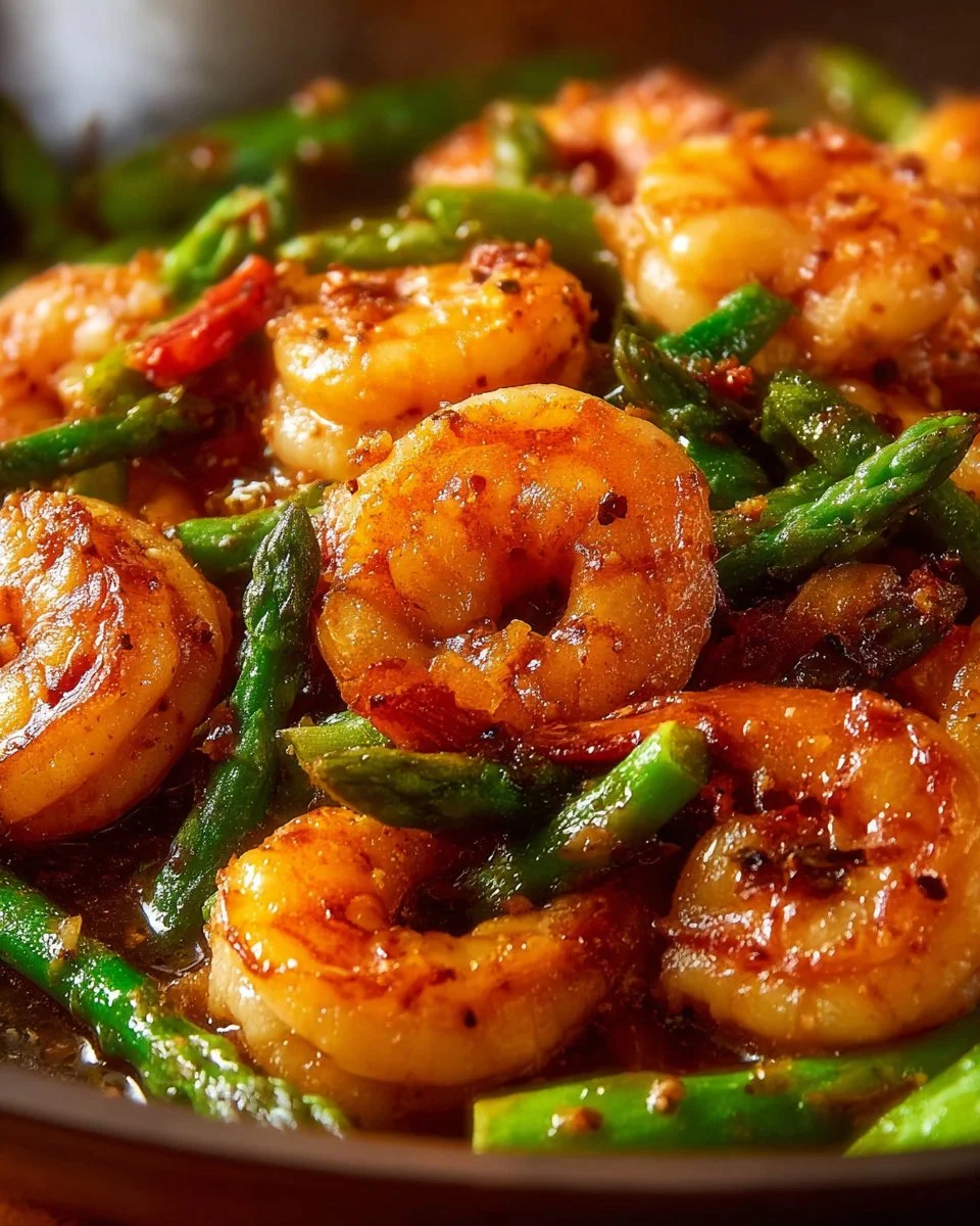 Plate of sweet chili shrimp served with fresh asparagus