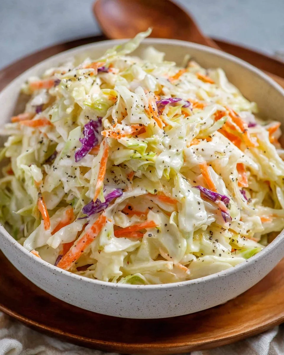 Bowl of sweet coleslaw with colorful vegetables and creamy dressing