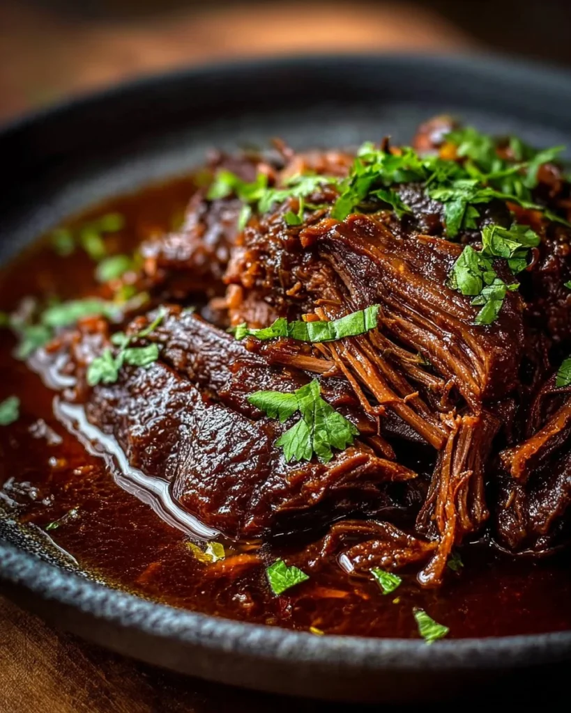 Deliciously caramelized pulled beef brisket served in a savory sauce