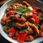 Plate of Sweet Spicy Thai Chicken Stir-Fry with vegetables and herbs