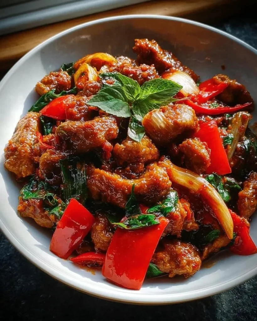 Plate of Sweet Spicy Thai Chicken Stir-Fry with vegetables and herbs