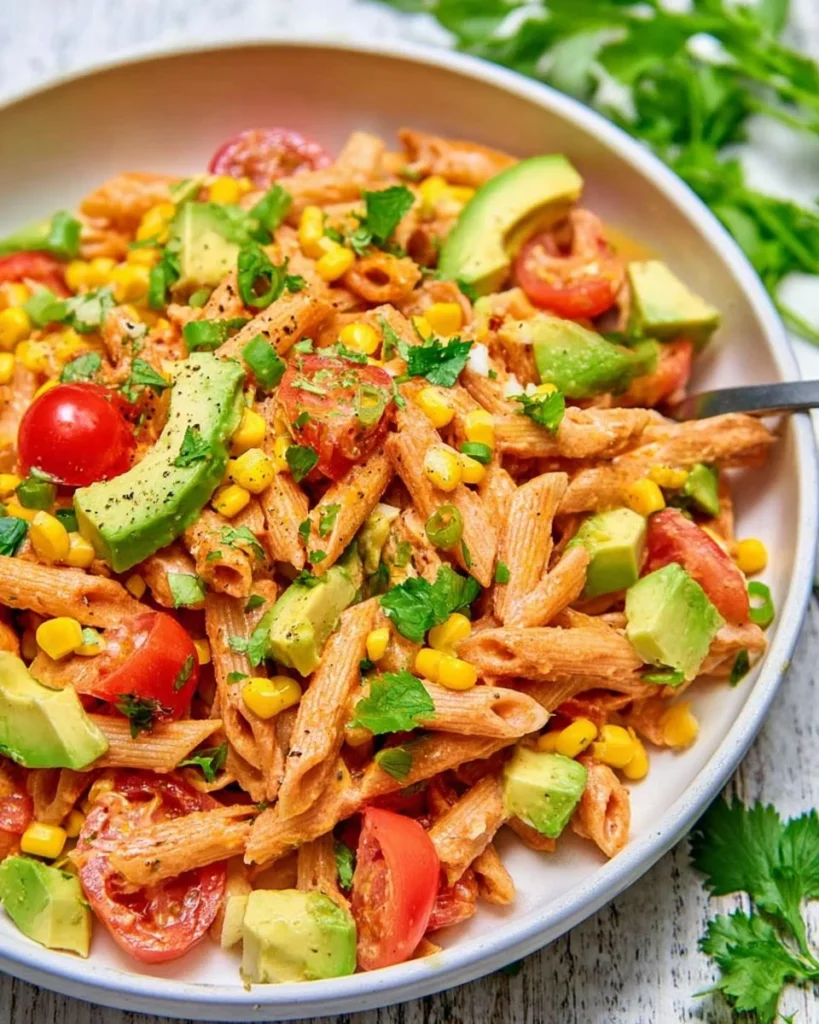 Colorful bowl of Taco Pasta Salad with vegetables and toppings
