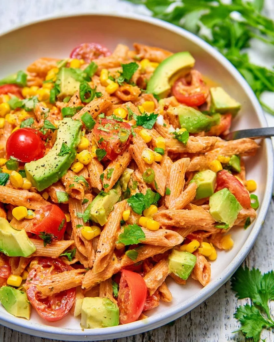 Colorful bowl of Taco Pasta Salad with vegetables and toppings