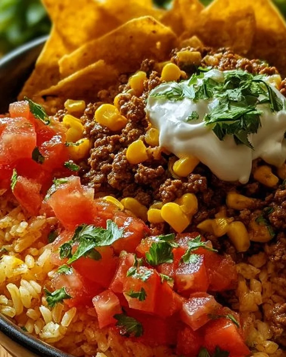 Taco Rice Bowl topped with Doritos for a crunchy twist.