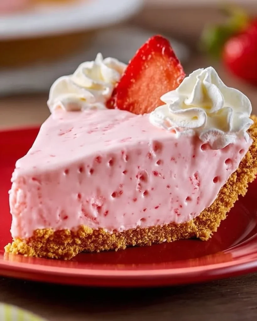 Delicious strawberry cheesecake jello pie topped with fresh strawberries