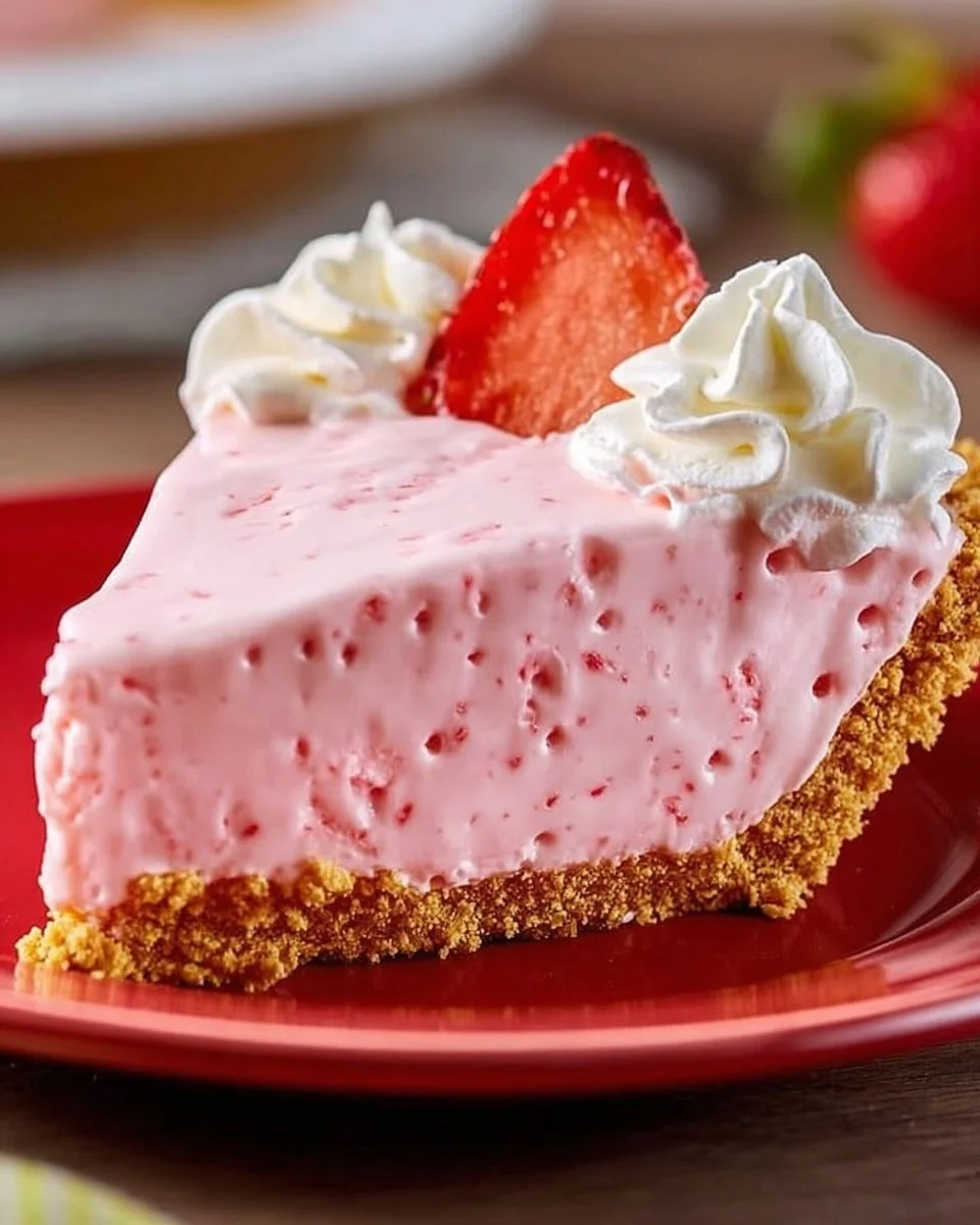 Delicious strawberry cheesecake jello pie topped with fresh strawberries