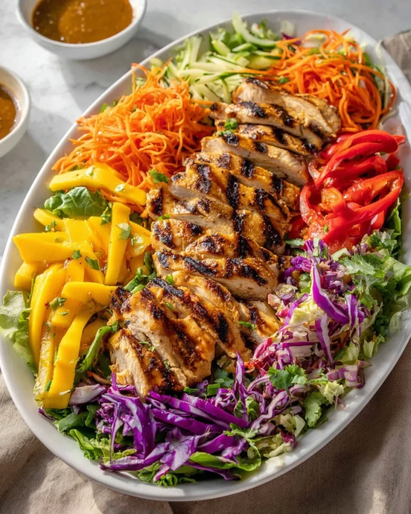 Delicious Thai Chicken Mango Salad with fresh mango slices and grilled chicken.