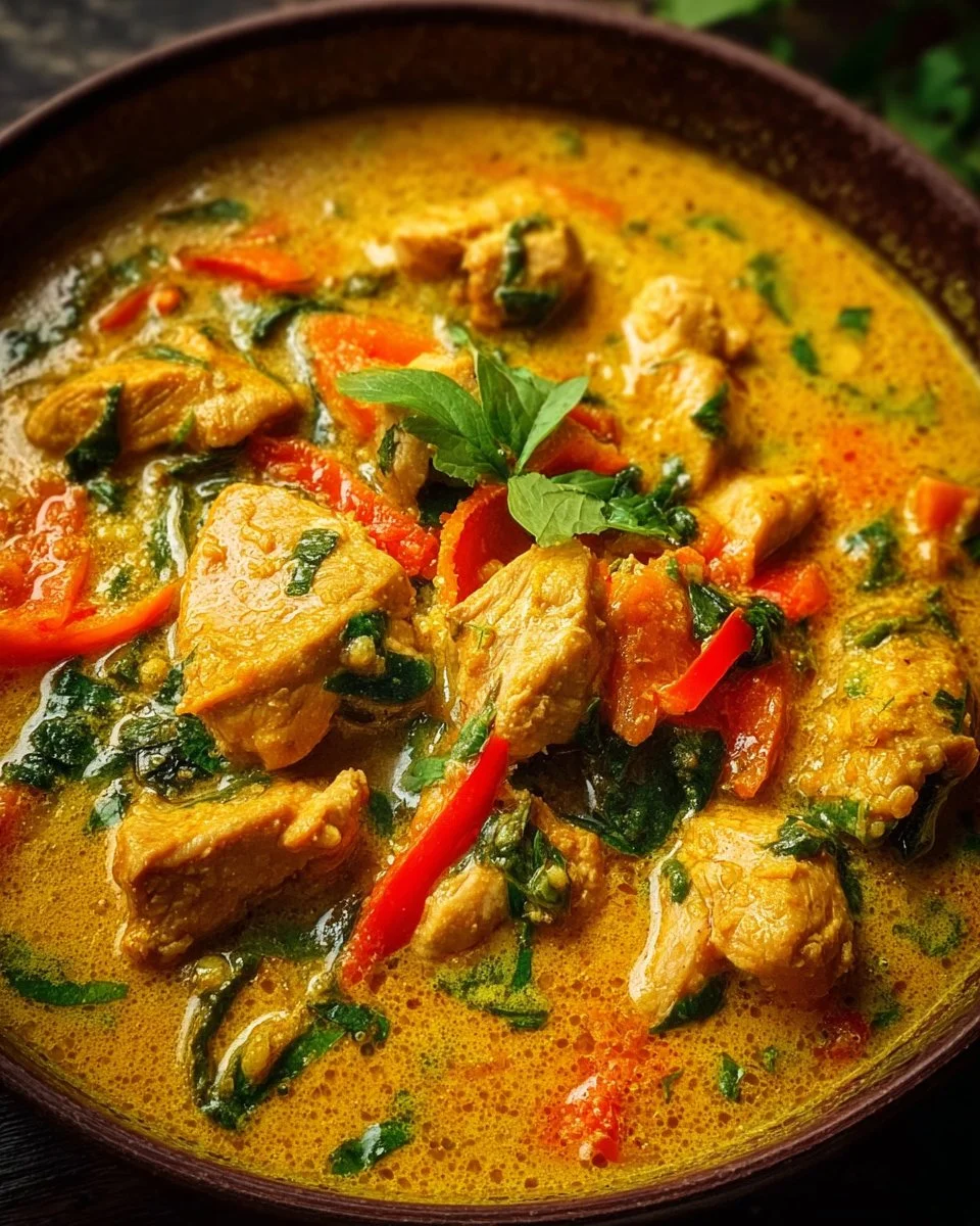 Delicious Thai Chicken Yellow Curry garnished with fresh herbs and served in a bowl.