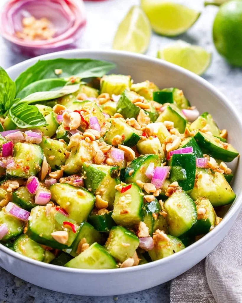 Bowl of Thai cucumber salad with vibrant vegetables and dressing